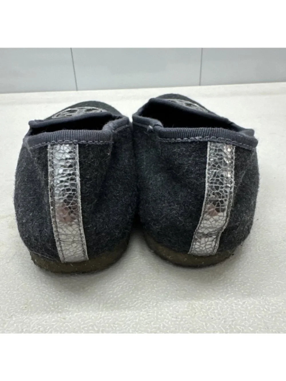 Tory Burch Billy Charcoal Gray Wool Logo Lamb Fur Slipper Flats Women 9M US